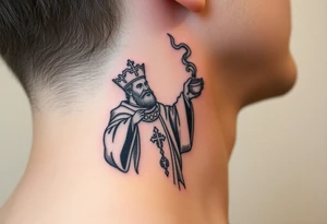 Russian Orthodox Priest in a fully detailed gold vestment swinging a censer with smoke curling upward tattoo idea