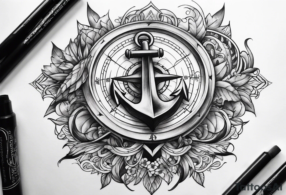 Anchor and compass and waves tattoo idea