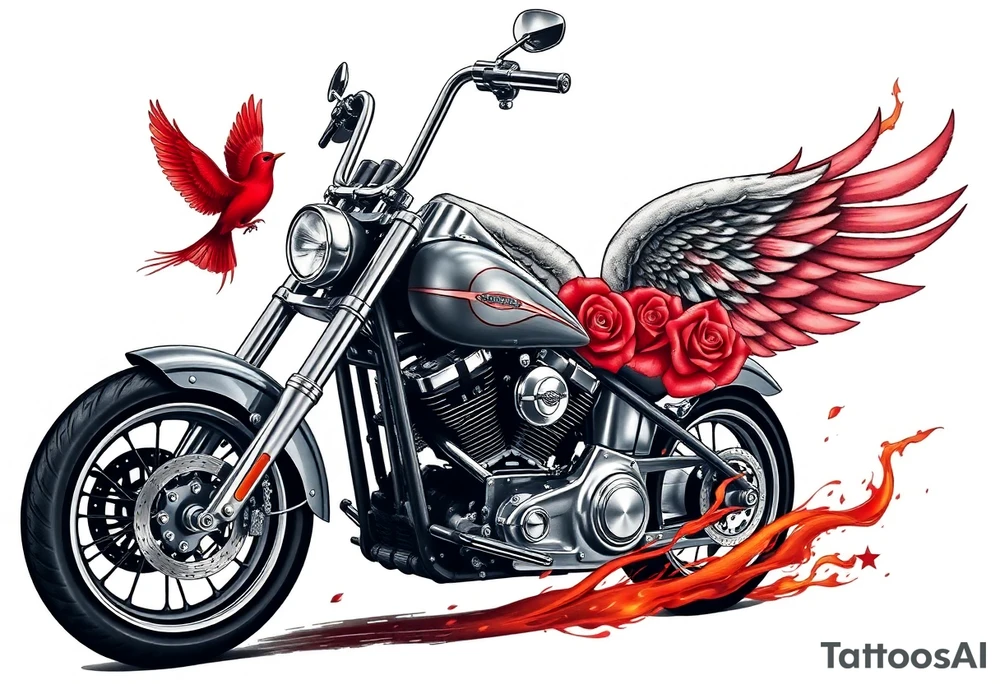 Harley grey motorcycle driving away, two red birds flying, roses, flames, angel wings tattoo idea