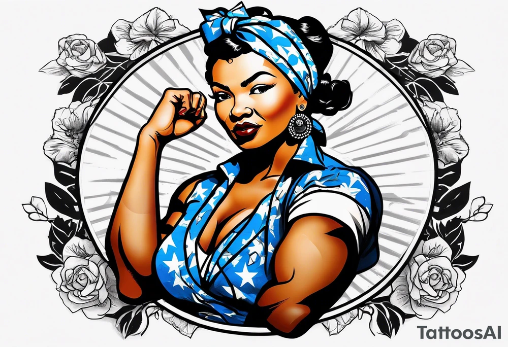 Beautiful black Rosie the riveter, making a muscle, realistic, wearing a bandanna, tied backwards, tattoo idea