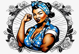 Beautiful black Rosie the riveter, making a muscle, realistic, wearing a bandanna, tied backwards, tattoo idea