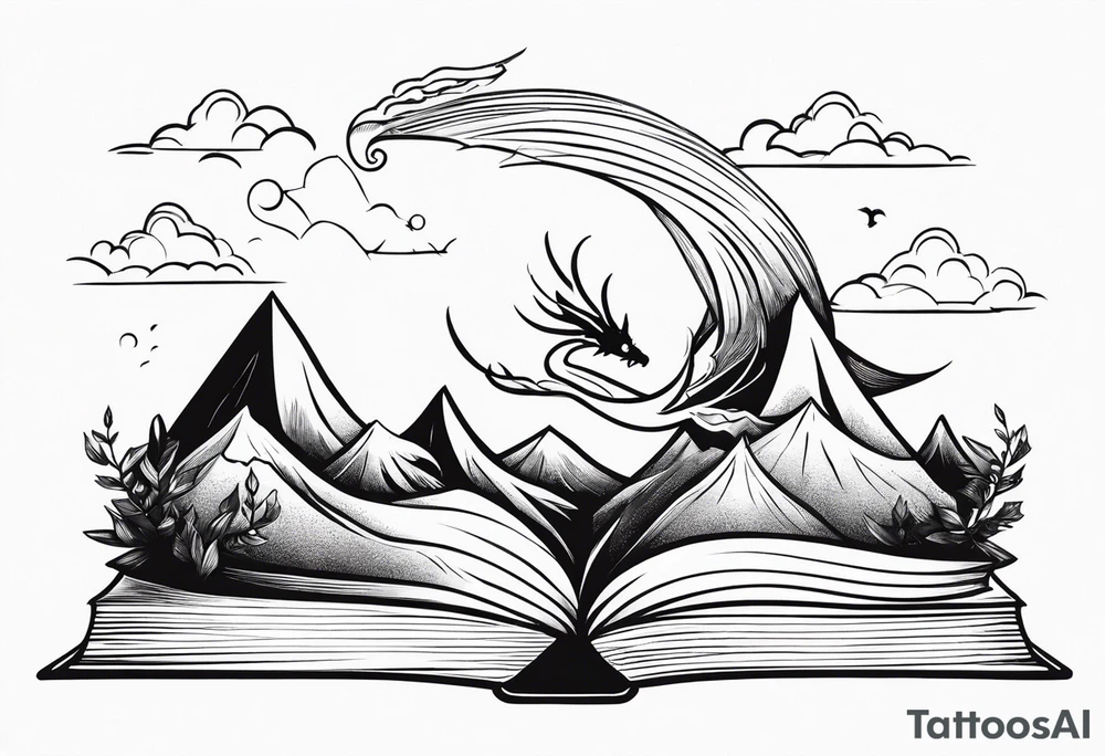 An open magic book fluttering pages. a tiny dragon with four legs flying in the sky. three mountains coming out of the book tattoo idea