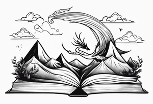 An open magic book fluttering pages. a tiny dragon with four legs flying in the sky. three mountains coming out of the book tattoo idea