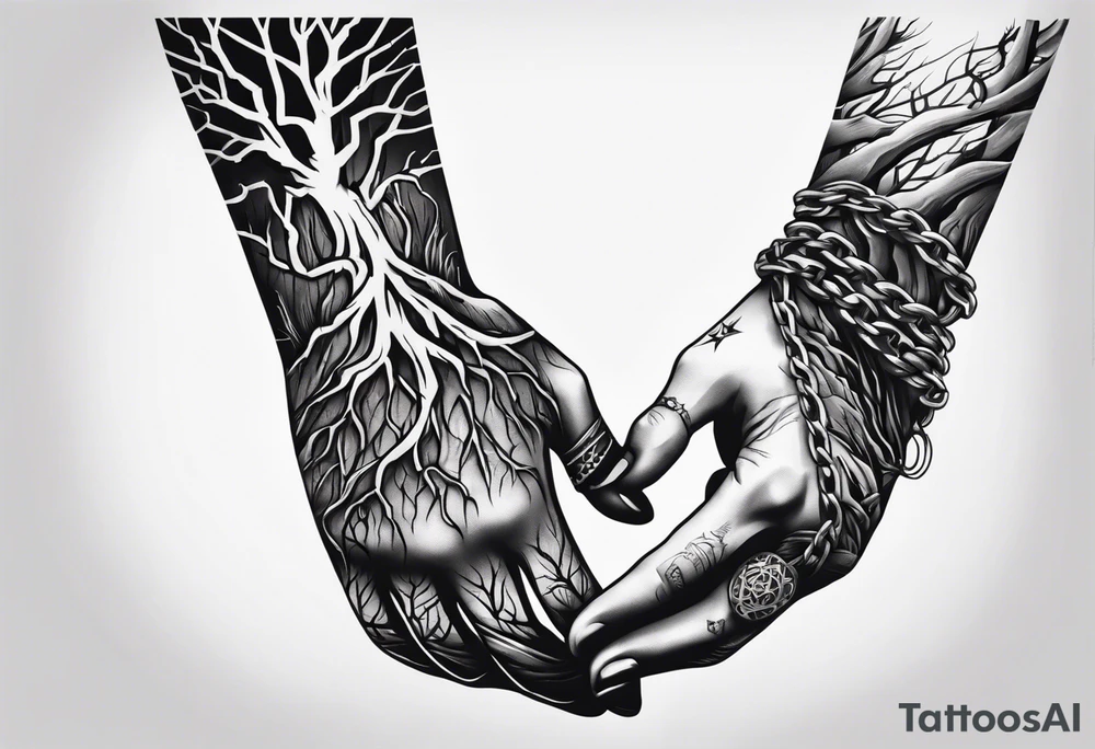 tattoo fool sleeve, tree roots break out of the chains at the bottom of the hand tattoo idea