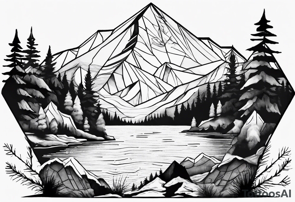 Mountain, coniferous forest and lake in a hexagon. The lake is at the bottom of the figure tattoo idea