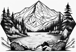 Mountain, coniferous forest and lake in a hexagon. The lake is at the bottom of the figure tattoo idea