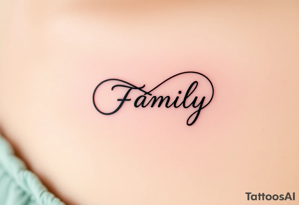 A flowing infinity symbol intertwined with the word "family" written in elegant cursive, symbolizing endless love and connection tattoo idea