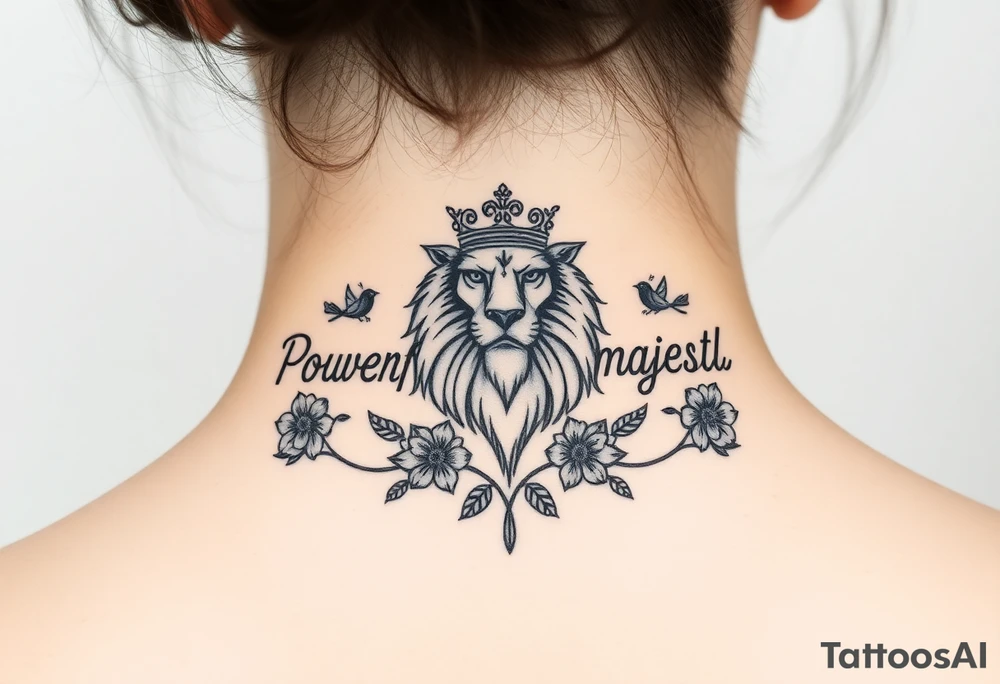 powerful majestic lion with a crown, surrounded by floral ornaments and birds tattoo idea