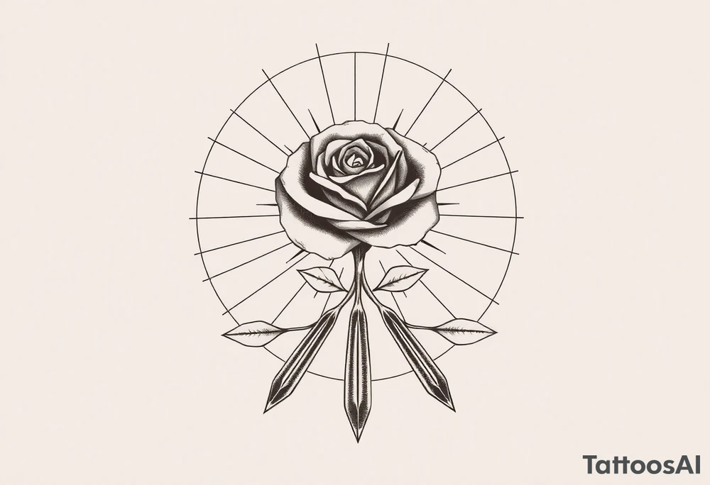 Uma ilustração abstrata com uma rosa estilizada no centro de um círculo. O círculo possui linhas radiais que se estendem para fora, criando um efeito de explosão ou halo ao redor da rosa. Abaixo do círculo, há um galho fino e alongado que conecta três alto-falantes arredondados, no estilo ‘boca de ferro’, dispostos de maneira orgânica. A composição é desenhada em tons de cinza, com texturas detalhadas e sombreamento para destacar profundidade e contraste. O estilo é artístico, minimalista, e ideal para design de tatuagens. tattoo idea
