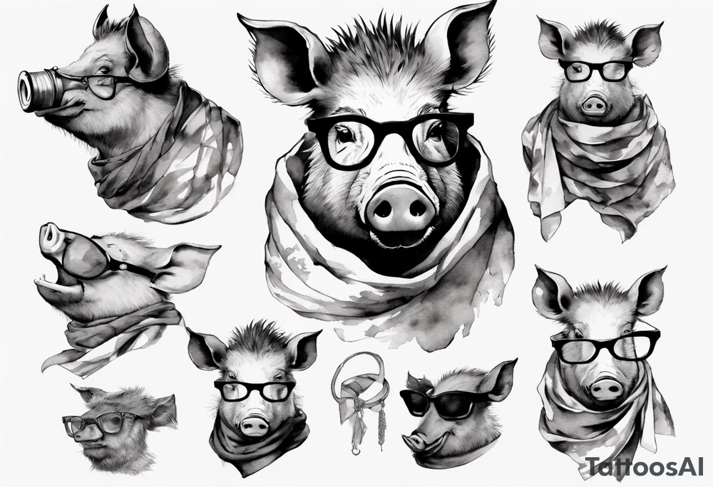 a wild boar wearing spectacles and a scarf tattoo idea