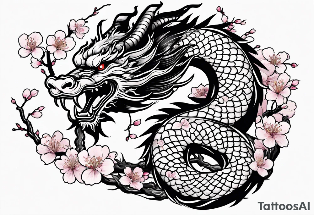 Japanese dragon going around the forearm with scales and cherry blossoms and sakura to fill the background tattoo idea