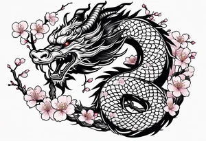 Japanese dragon going around the forearm with scales and cherry blossoms and sakura to fill the background tattoo idea