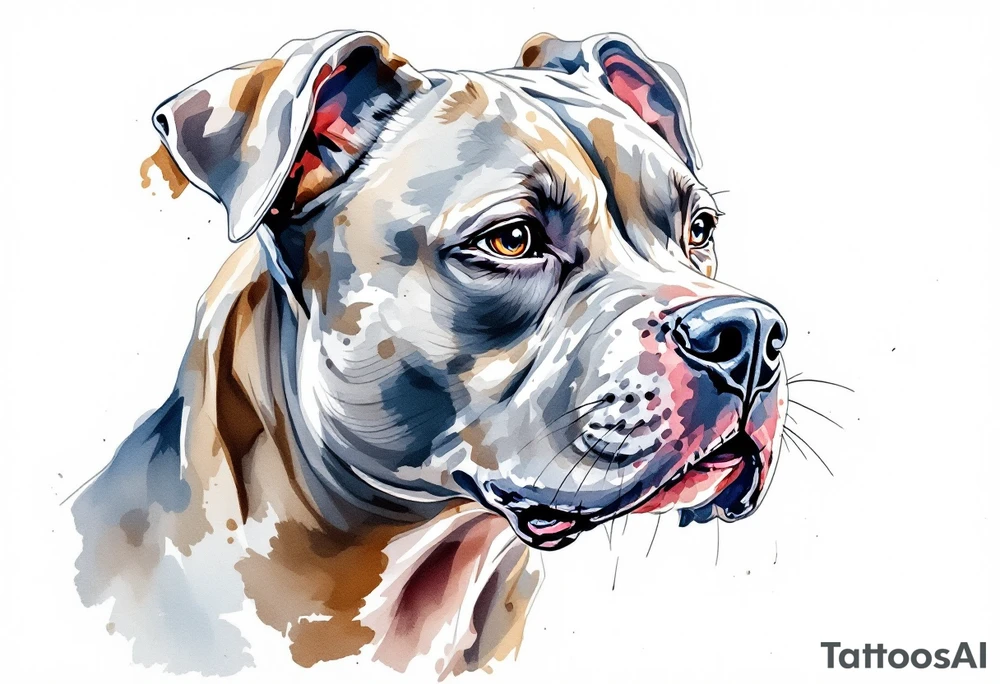 Watercolor pitbull portrait, soft washes of gray, blue, and brown, with expressive brush strokes highlighting the dog’s emotion. tattoo idea