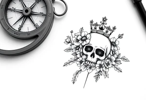 Compass with detailed beautiful gothic boho flowers on vine and skull with gorgeous crown tattoo idea