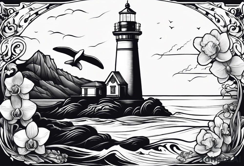 Lighthouse on a beach with a whale's tail sticking out of the water of the ocean with a border containing an anchor and orchids tattoo idea