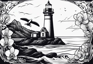 Lighthouse on a beach with a whale's tail sticking out of the water of the ocean with a border containing an anchor and orchids tattoo idea