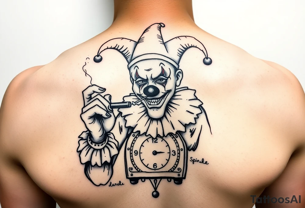 Jack in the box
Box as a clock
Spring as in smoke
Jester clown smoking on one hand drinking on the other tattoo idea