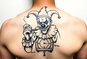 Jack in the box
Box as a clock
Spring as in smoke
Jester clown smoking on one hand drinking on the other tattoo idea