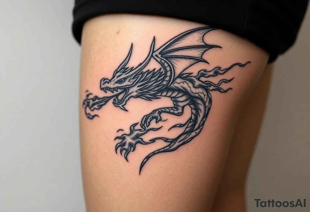 fierce dragon breathing iridescent fire against stormy skies tattoo idea