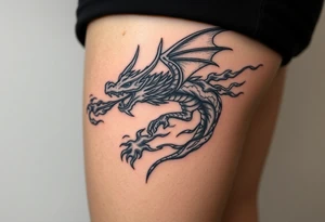 fierce dragon breathing iridescent fire against stormy skies tattoo idea