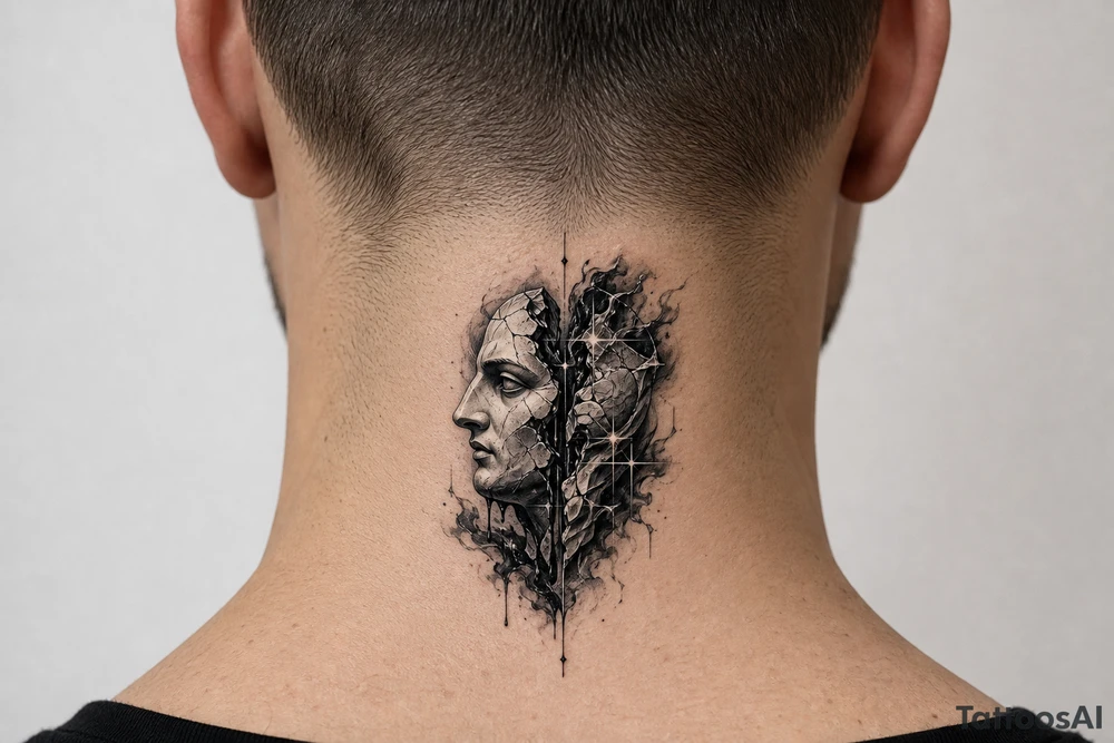 Black and grey tattoo design of a broken marble statue face split down the middle, side view profile, realistic shattered porcelain effect, dark wispy smoke and liquid pouring out of the cracks, Chicano tattoo shading, heavy blackwork background, sharp 4-point sparkle stars, high contrast, clean white background, detailed tattoo stencil style on side neck tattoo idea