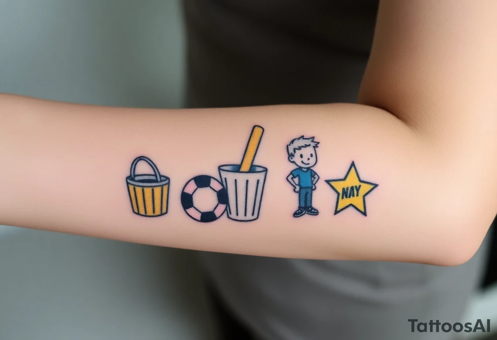 Childhood memories of a book, a bucket and spade, a football, a cricket bat, a cartoon of Dennis the Menace from the Beano comic, and the American Idiot symbol tattoo idea