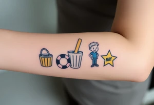 Childhood memories of a book, a bucket and spade, a football, a cricket bat, a cartoon of Dennis the Menace from the Beano comic, and the American Idiot symbol tattoo idea