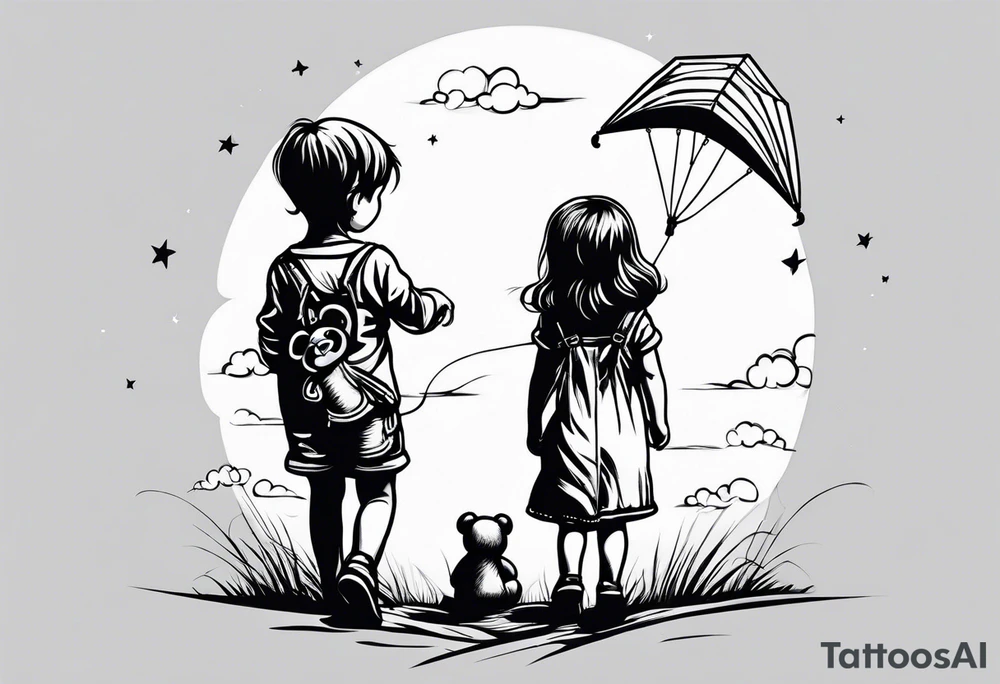 back image of a little girl in a dress, holding a kite , a teddy bear in overalls standing beside her tattoo idea