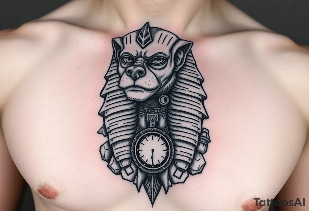 6. Esfinge descompuesta
Rostro de la Gran Esfinge, pero desmoronándose en bloques de piedra o arena flotante.

Puedes combinarlo con un reloj de arena dentro del pecho. tattoo idea