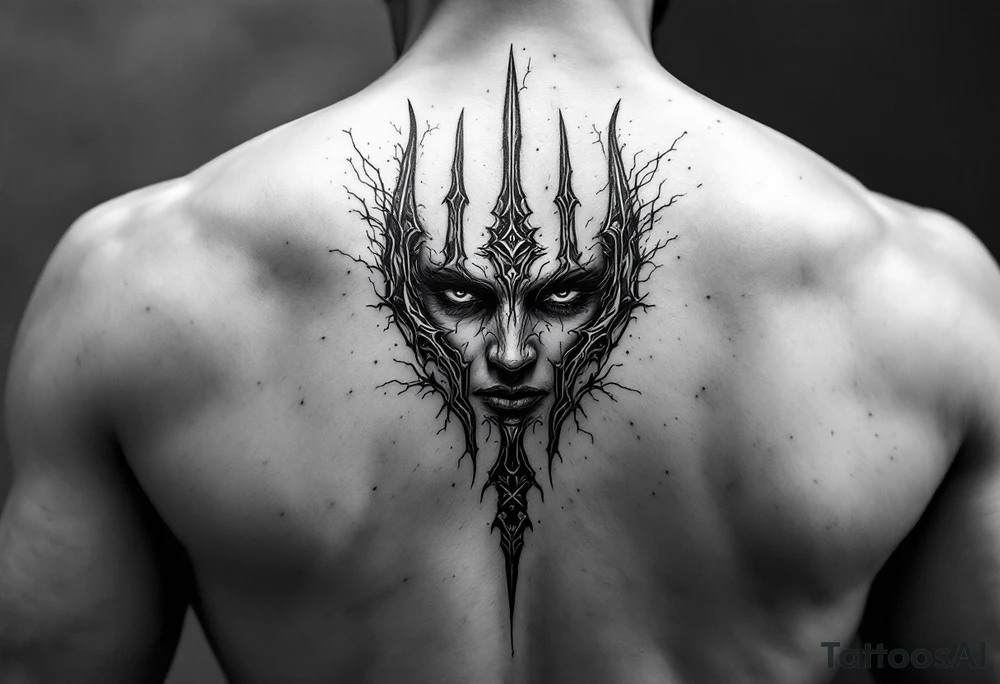 face behind trident tattoo idea