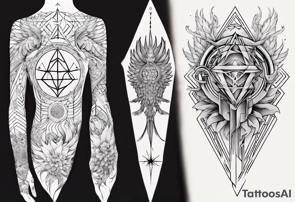 Sleeve for woman's arm sacred geometry Metatron's cube with phoenix tattoo idea