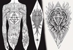 Sleeve for woman's arm sacred geometry Metatron's cube with phoenix tattoo idea