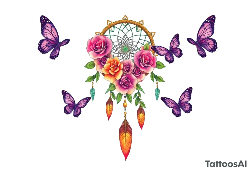 Dreamcatcher roses and butterflies tattoo idea