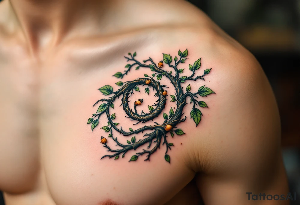 A nature-inspired design in earthy greens, browns, and golds, resembling intertwined vines or tree roots. The spirals can be adorned with tiny leaves, acorns, or even mushrooms, symbolizing growth, connection, and renewal. tattoo idea
