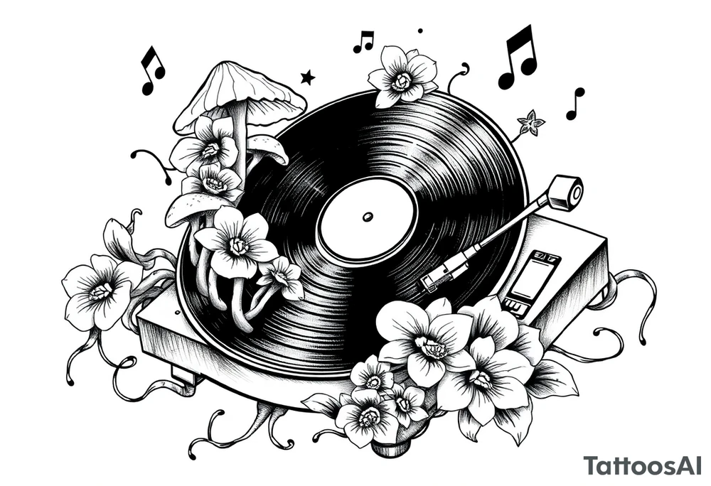vinyl record player with mushrooms, orchids, and music notes around it tattoo idea