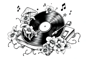 vinyl record player with mushrooms, orchids, and music notes around it tattoo idea