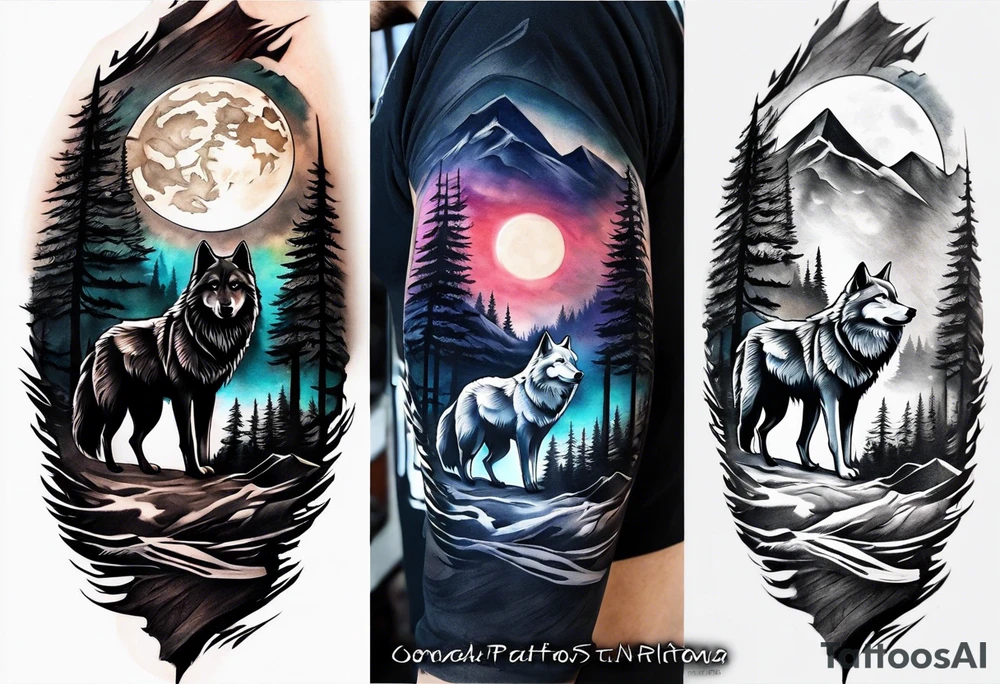 Half sleeve
Two wolves
Dark woods
Mountain peaks
Moon
Path tattoo idea