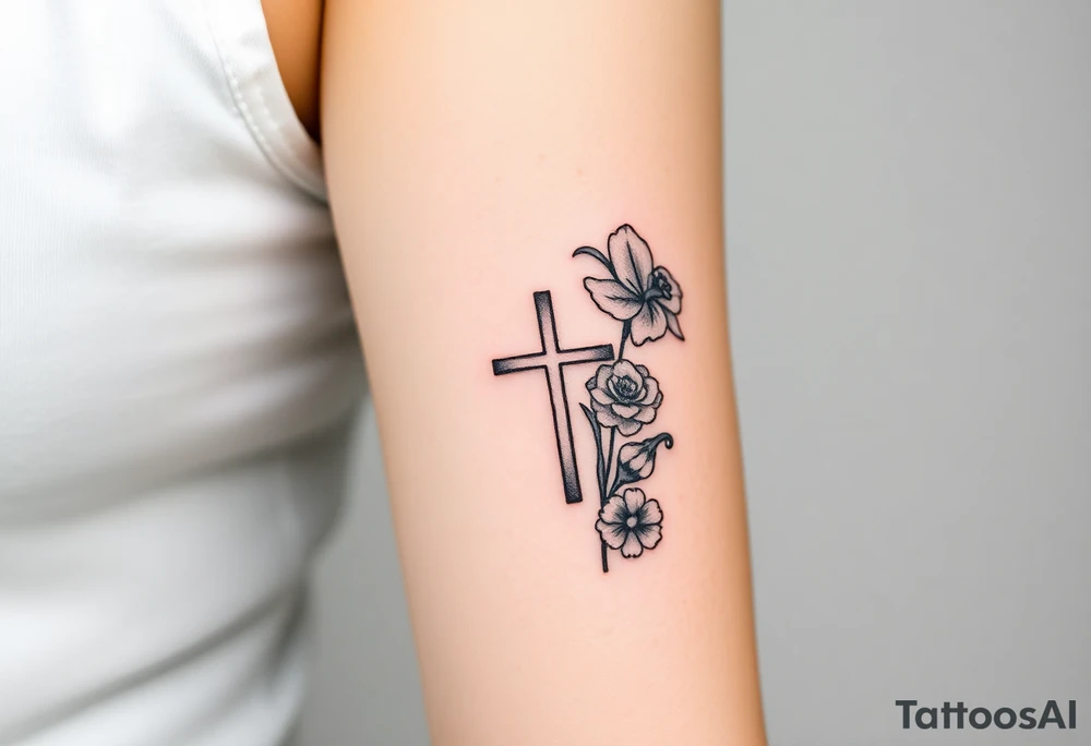 tattoo with one side representing death and the other life. (from death to life) with a simple cross down the middle. The life side I's like the following flowers: Morning Glory, Lily of the Valley, Daffodil, Rose, Poppy, and Iris tattoo idea
