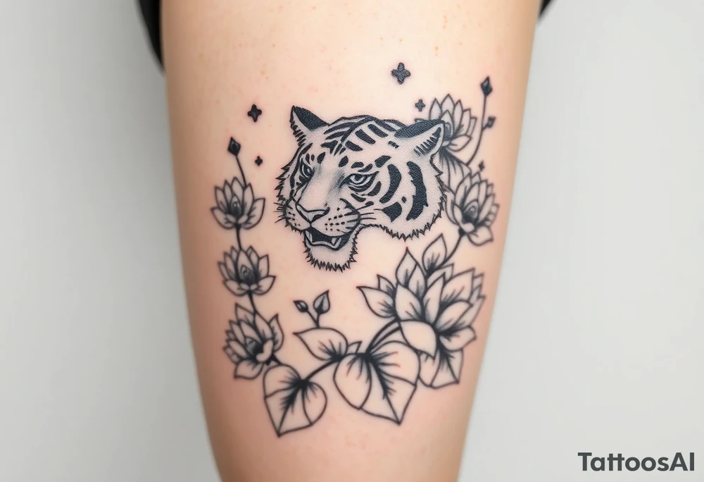 fierce tiger emerging through blooming lotus flowers in mist tattoo idea