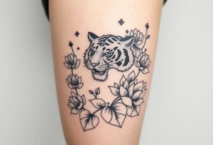 fierce tiger emerging through blooming lotus flowers in mist tattoo idea