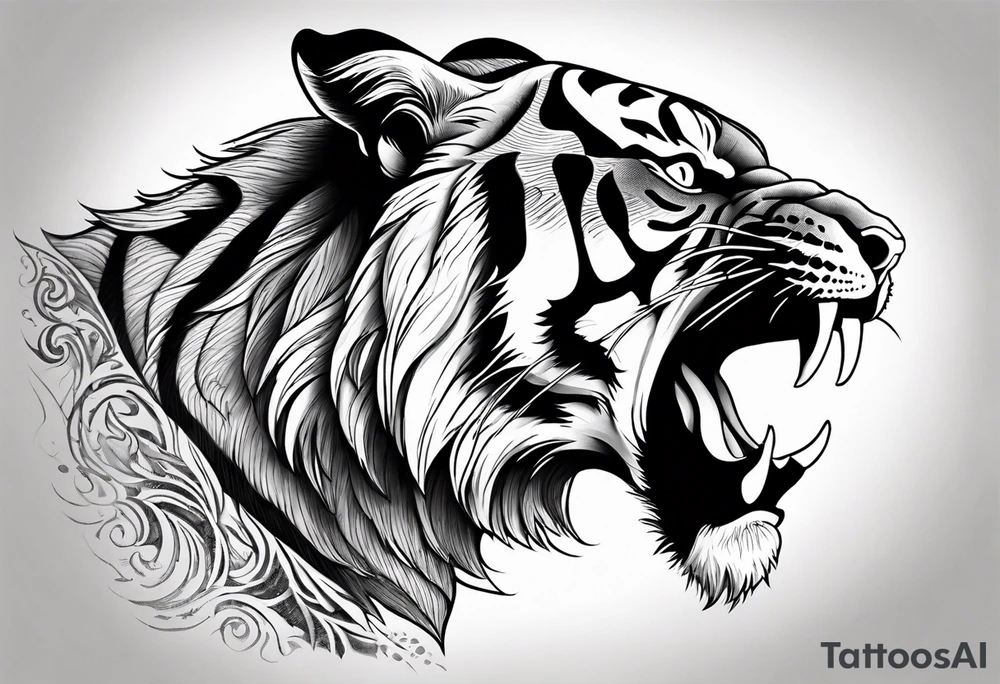 Photo Realism, highly detailed, Fierce tiger roaring tattoo idea