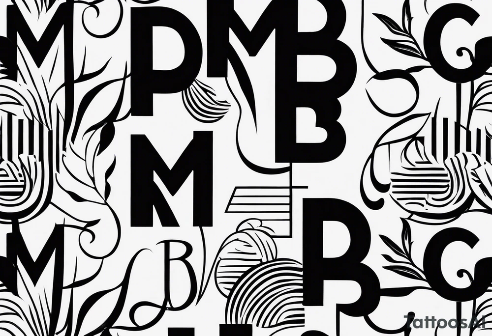 minimalist tag-style tattoo that consists only of the letters 'MRBG'. simple and not too fancy, just the clean and bold letters arranged in a stylish way. tattoo idea