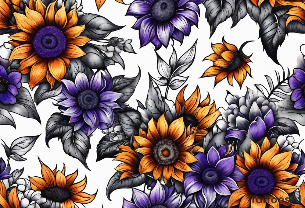 Full leg sleeve with purple, orange and blue sunflowers tattoo idea