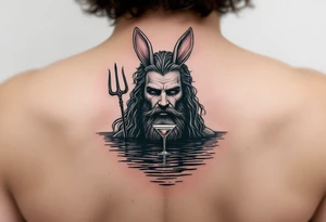 poseidon with trident half way in calm water with a martini and bunny ears tattoo idea