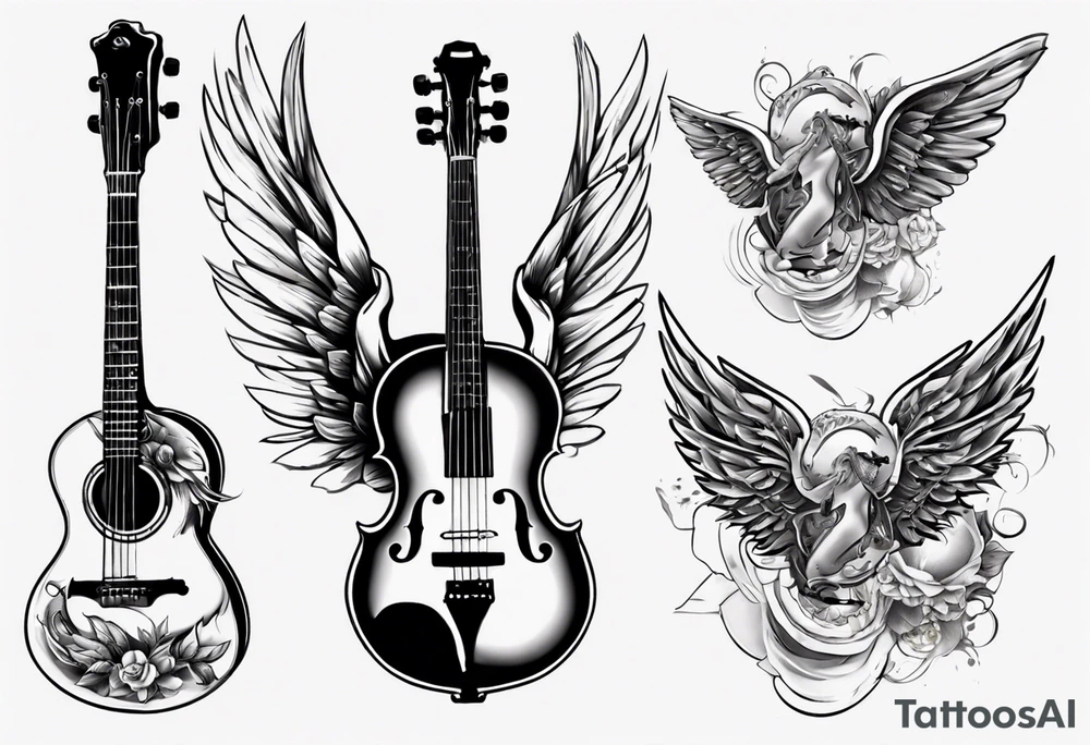 GUITAR LEANING AGAINST A VIOLIN WITH WINGS tattoo idea