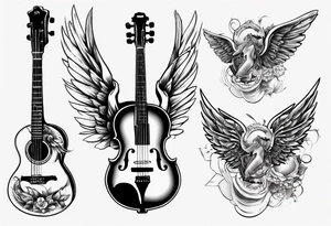 GUITAR LEANING AGAINST A VIOLIN WITH WINGS tattoo idea