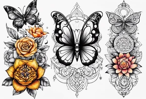 7 chakras sleeve with butterflies and flowers tattoo idea