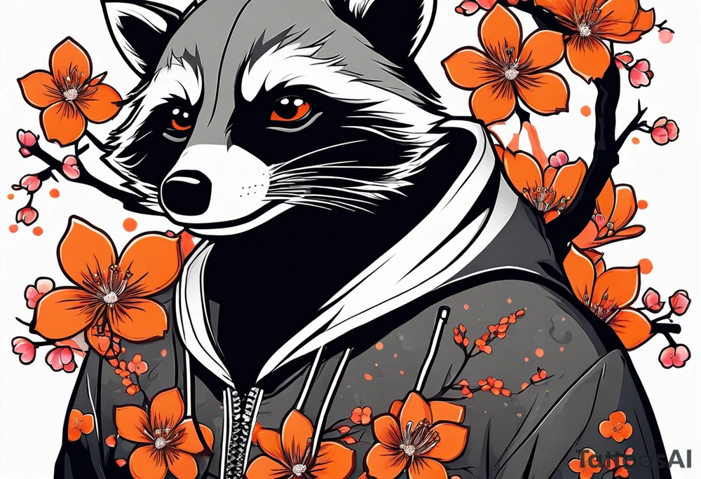Raccoon wearing a white Superman logo on a black hoodie and orange Japanese cherry blossoms beside tattoo idea