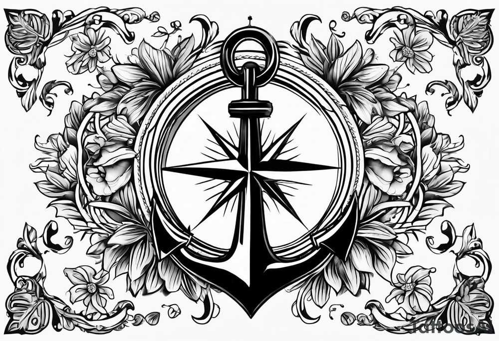 A selucid style anchor tattoo with a compass and a Julius caesar olive branch wreathe tattoo idea