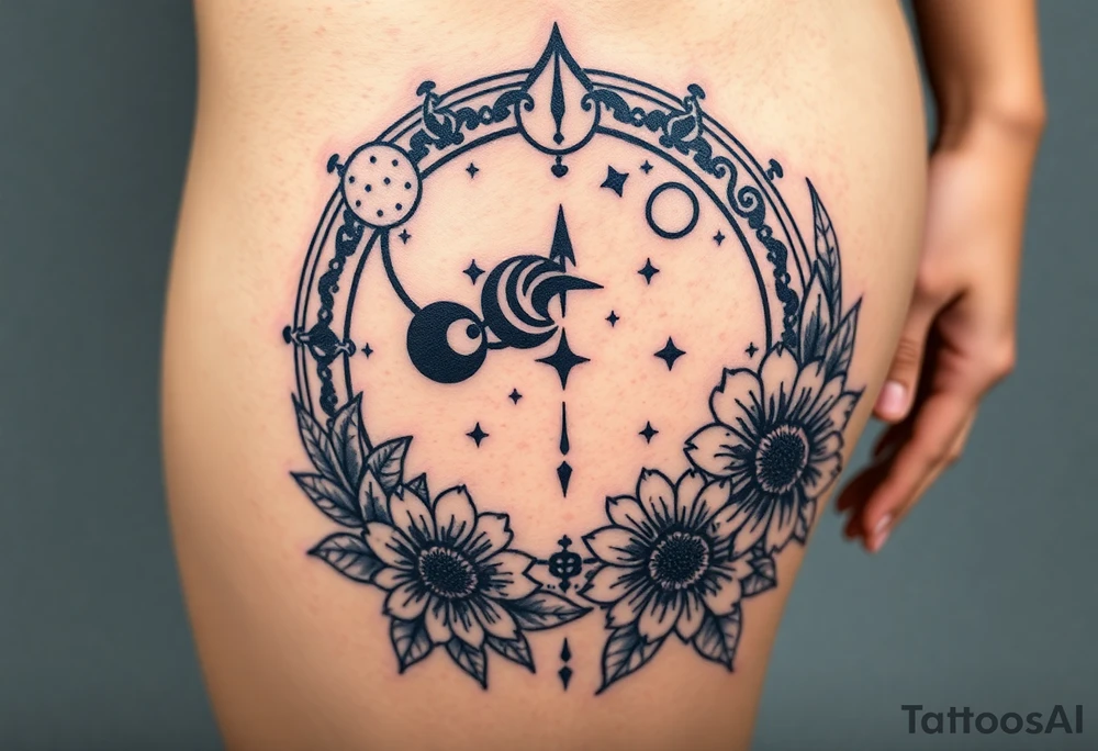 Milky way galaxy with planets with zodiac symbols and protection runes in it with tigerlillies roses and sunflowers tattoo idea
